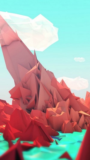 Abstract low-poly mountains and water under a blue sky