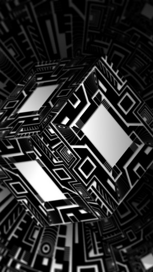 Abstract black and white cube with circuit patterns