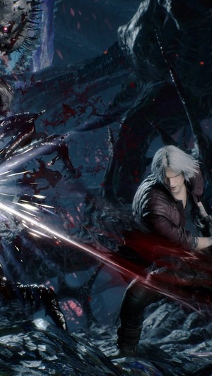 Dante fighting a demon in Devil May Cry 5