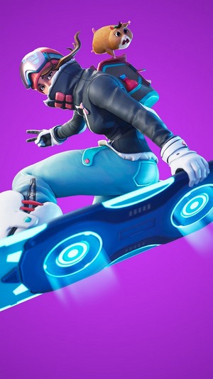 Fortnite character on a driftboard with a hamster backpack