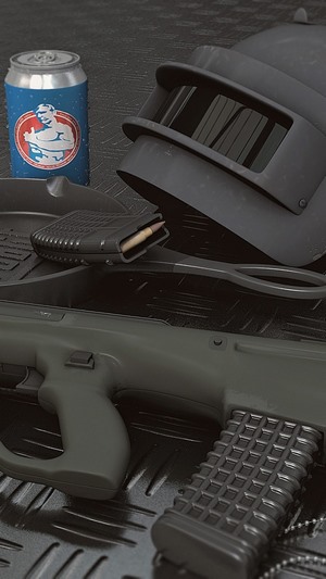 PlayerUnknown's Battlegrounds helmet, rifle, and soda can