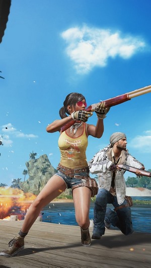 Two players aiming shotguns on Sanhok map in PUBG