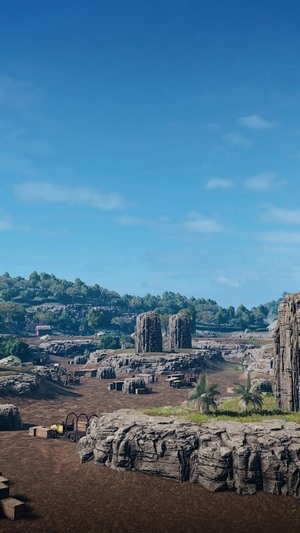 PlayerUnknown's Battlegrounds landscape with ruins and mountains