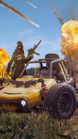 PlayerUnknown's Battlegrounds character with a buggy and explosions