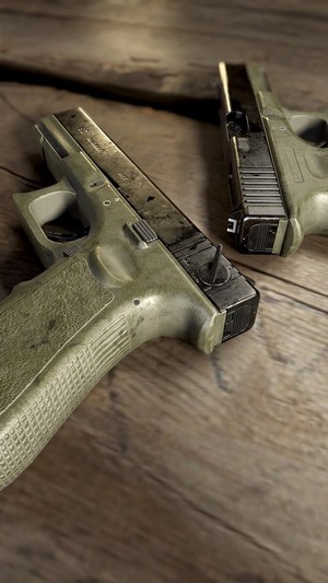 Two Glock 18c pistols on a wooden surface