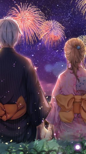 Couple in Kimonos Watching Fireworks