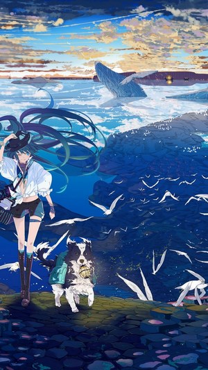 Hatsune Miku and dog by the sea with whales