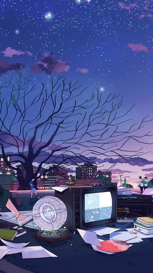 Anime students under a starry night sky