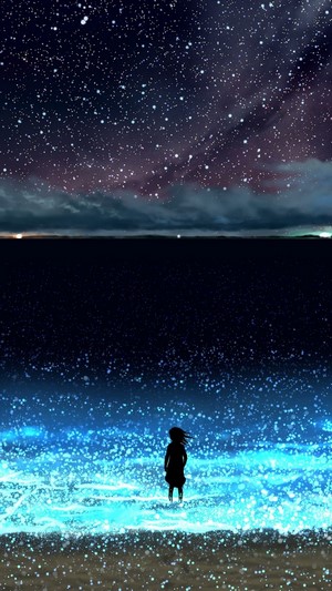 Anime girl on a beach under a starry night sky