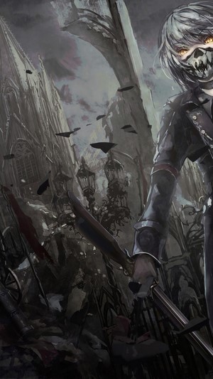 Anime warrior with mask and sword in gothic ruins