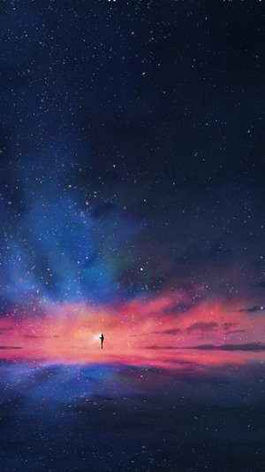 Anime girl under a starry sky reflected in water