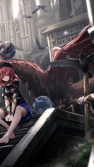 Anime girl chained in a fantasy city with dragons