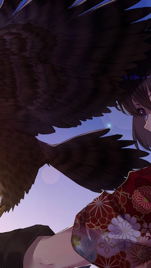 Anime girl in kimono with a falcon