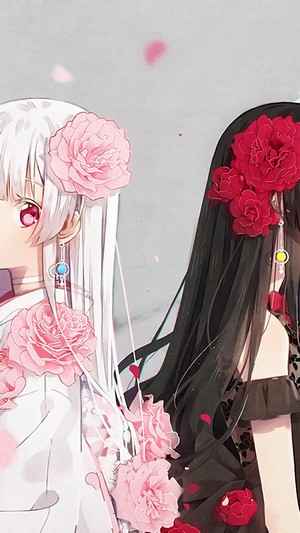 Two anime girls with flowers in hair