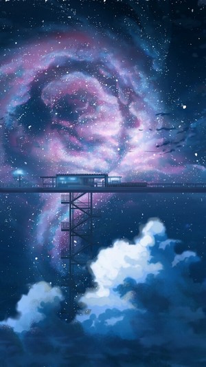 Anime night sky with galaxy and train station