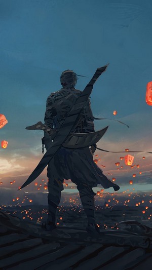 Warrior with swords and sky lanterns at dusk