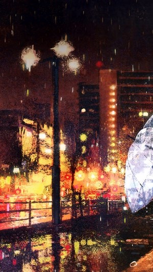 Anime girl with umbrella in the rain at night