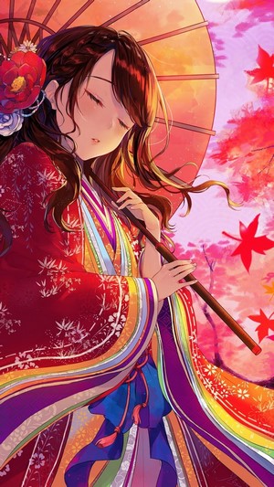 Anime girl in kimono holding an umbrella with maple leaves