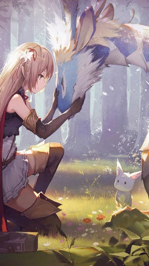 Anime girl with fantasy creature in forest