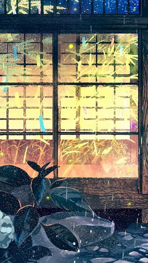 Anime window with rain and fireflies