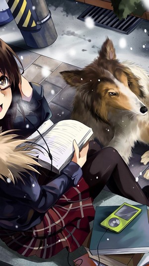 Anime girl and dog reading in the snow