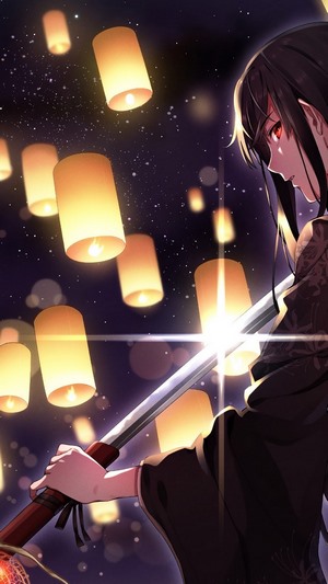 Anime girl in kimono with katana among lanterns