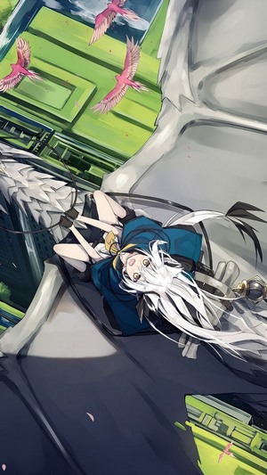 Anime girl with white hair on a dragon