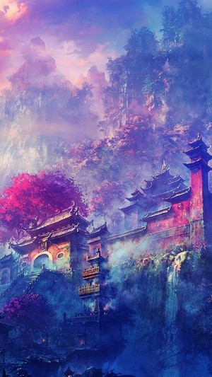Oriental castle scenery with mountains and trees