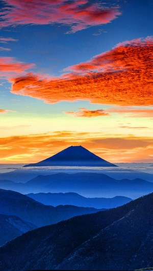 Mount Fuji at Sunrise with Orange Clouds