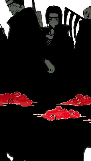 Akatsuki members in black cloaks with red clouds