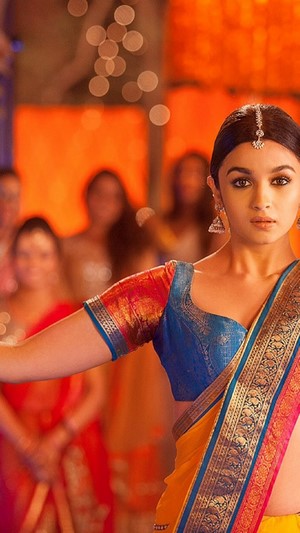 Alia Bhatt in a blue and yellow sari