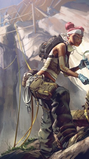 Lifeline from Apex Legends climbing a rocky mountain