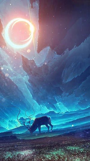 Fantasy deer under a ringed sun