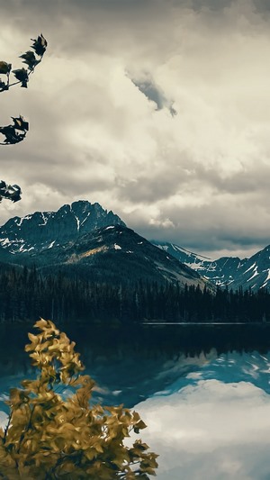 Mountain Lake with Pine Forest and Clouds