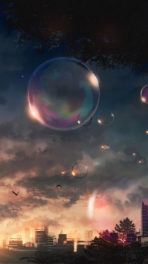 Anime Scenery with Bubbles over Cityscape at Sunset