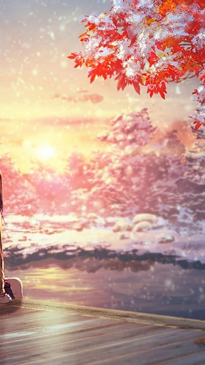 Anime scenery with autumn leaves and snow at sunset