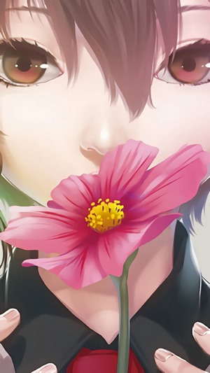 Anime girl holding a pink flower