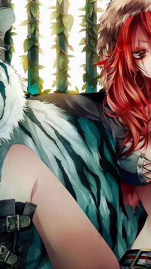 Anime girl with red hair and white tiger fur