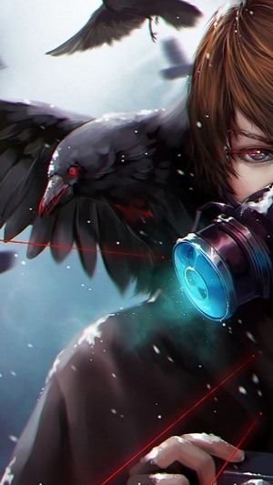Anime character with gas mask and crows