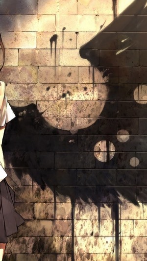 Anime girl with shadow wings on brick wall