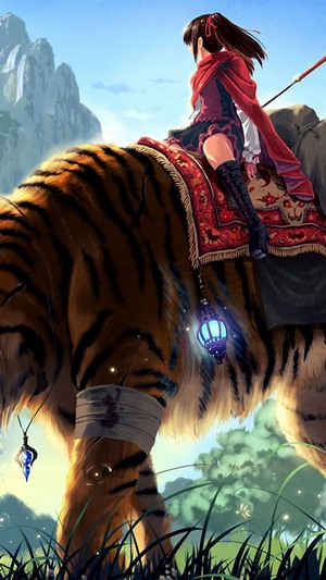 Anime girl riding a tiger in a fantasy landscape