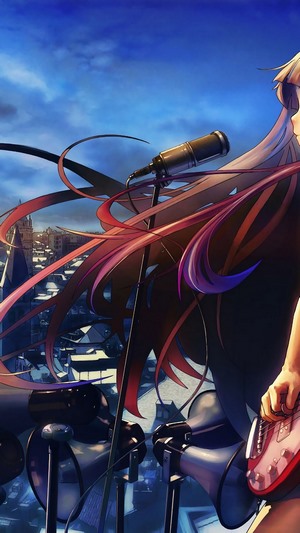 Anime girl singing with guitar and speakers