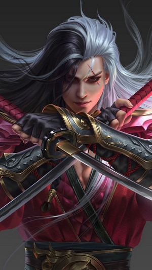 Fantasy warrior with dual katanas
