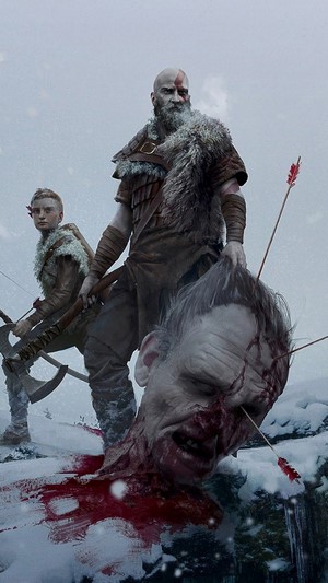 Kratos and Atreus from God of War with a severed head