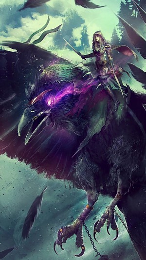 Fantasy warrior riding a large crow