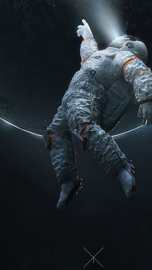 Astronaut floating in space near a planet