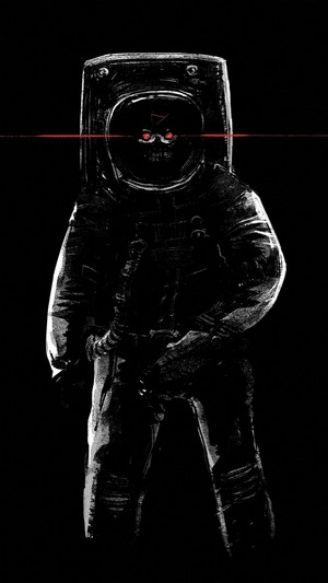 Astronaut with skull face and red eyes