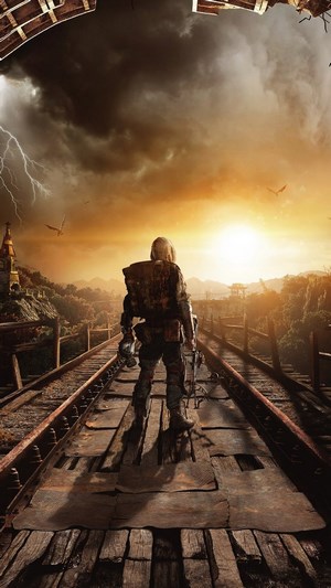 Artyom from Metro Exodus on train tracks
