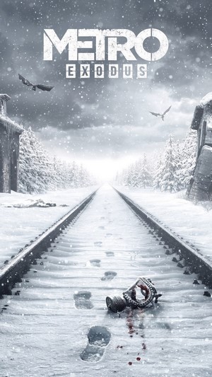 Metro Exodus gas mask on snowy train tracks