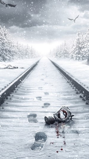 Metro Exodus Gas Mask on Train Tracks in Snow